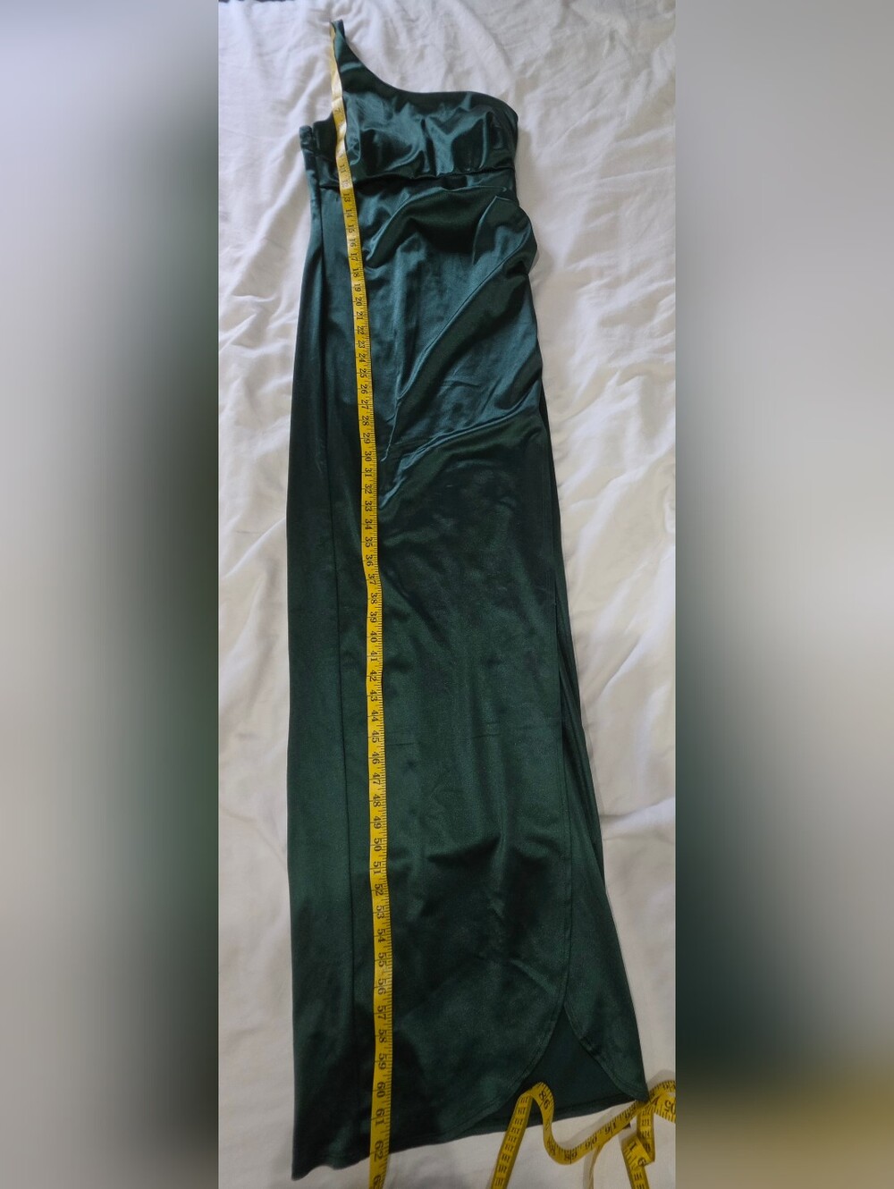 Emerald Sundae Emerald Green One-Shoulder Satin Maxi Dress Ruched Slit Size S